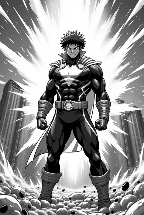 Can you create a manga board for me with a superhero in the style of ( my hero Academia ) in black and white 