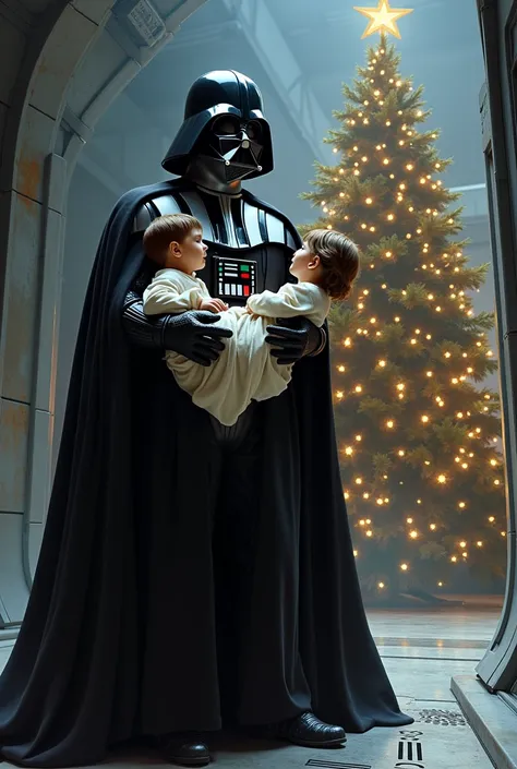 Darth Vader Luke and Leia are in the Death Star  ,Darth Vader hat (Luke)  in the left arm and Leia in the right arm , Behind them is a Christmas tree         