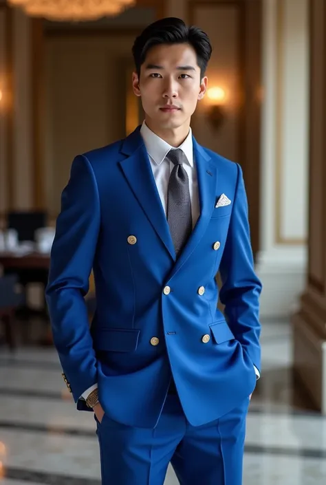 Handsome and rich Korean man in a strong suit with bright blue and elegant suit 