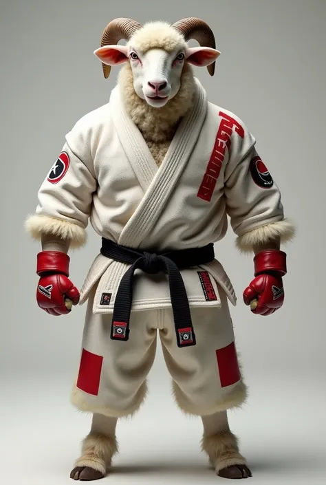 Create an ultra realistic image of a standing sheep dressed as a bad-faced jiu-jitsu fighter.  With white clothes and red details, without gloves , with black waist band .