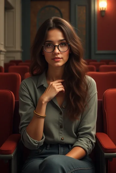  turkish girl, Realistic, picture in room , sitting ,  20 years old ,  brown eye, theater , spectacled