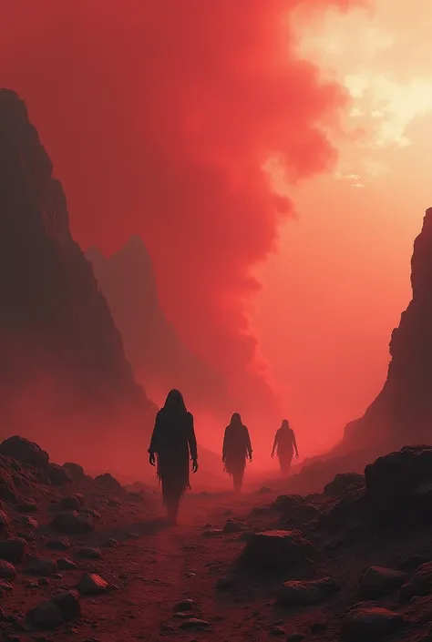 (photorealism:1.2),Valley of Despair: A barren valley filled with Red Flame smoke and ash, where souls wander aimlessly in perpetual sorrow