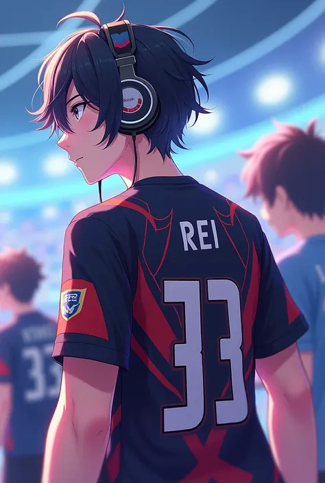 Can you create a kinda like anime mobile legends bang bang esports player wearing a jersey and headphones back profile named rei and below it is jungler a boy and back profile 