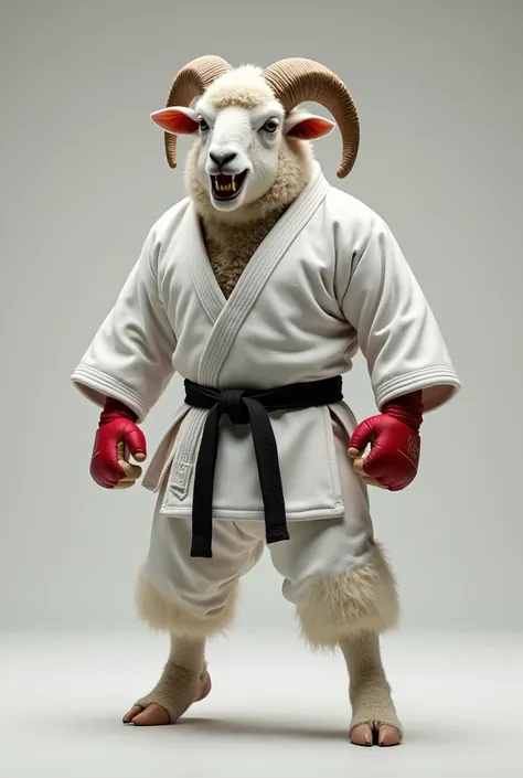 Create an ultra realistic image of a standing sheep dressed as an angrily faced jiu-jitsu fighter.  With white clothes and red details, no gloves on hands , with black waist band .