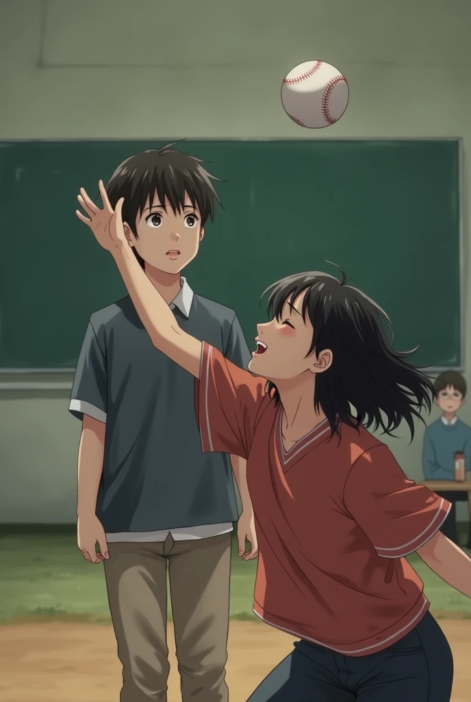  A 14-year-old Asian teenager throwing a baseball from far away into the skull of an  girl at school, who starts to cry 