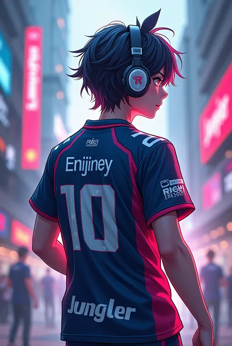 Can you create a kinda like anime mobile legends bang bang esports player wearing a jersey named rijiney exports and headphones back profile named rei and below the name put a jungler a boy and back profile 