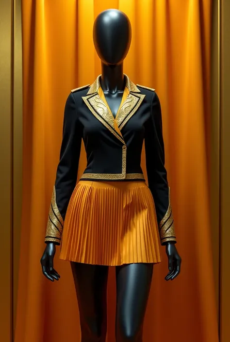 A mannequin wearing Turma Solaris womens uniform (courage, strength, justice):

 Gold pleated skirt with orange lines .

 Black blazer with gold details on the sleeves and collar.

 Black or gold tights  (Optional).

 Cover lined with gold and orange tones...