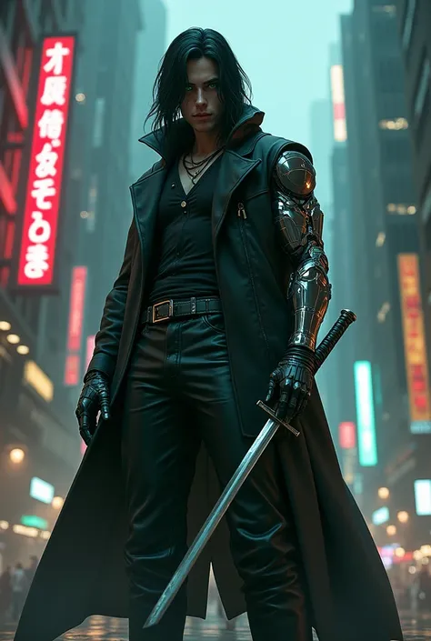 tall man,  with extremely sexy black hair ,  a mechanical arm carrying a katana,  cyberpunk style , green eyes and wearing leather 