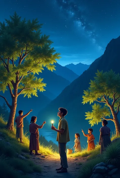  A mountainous valley on a night illuminated by glowing trees ,  whose leaves emanate a soft light , like stars. In the center of the scene,  a young man in simple clothes stands ,  holding an unlit flashlight and looking up at the sky with gratitude . Aro...