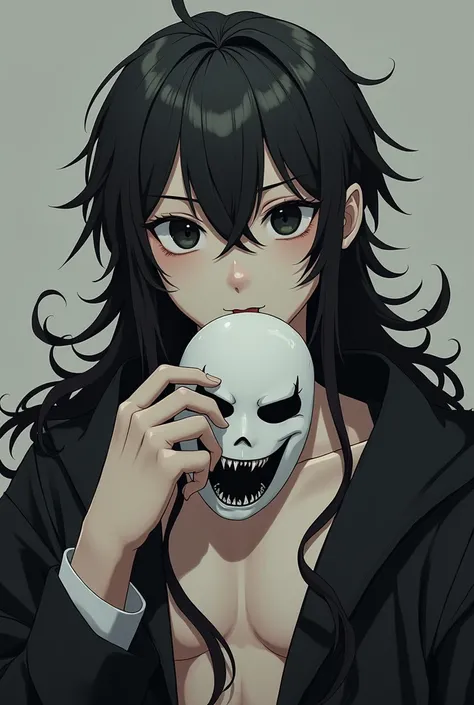 a 20-year-old boy shirtless, with a completely white mouthless mask in his hand, hair the color of milky coffee, and long to the shoulders, with completely black eyes and sharp teeth, in anime style
