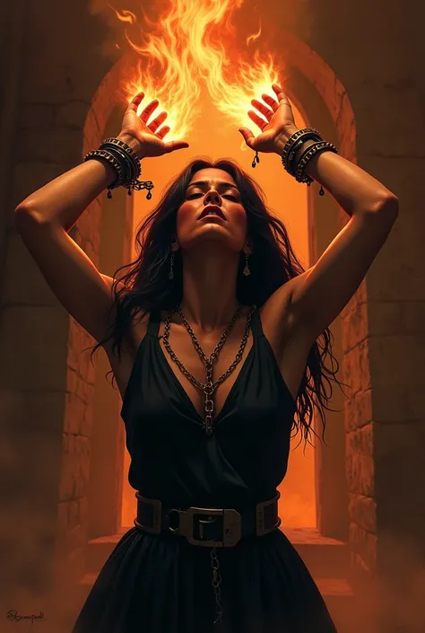 Maria Celestina , black-haired woman with her hands raised with shackles and chains on her wrists looking up engulfed in flames of fire burning in a dungeon  