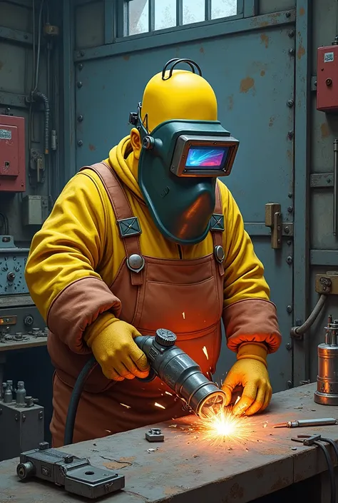  Homer Simpson working as a welder with implements, mask gloves and a mig welding equipment