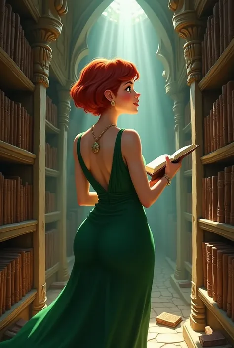 Chubby woman with short red hair green dress mysterious ancient library