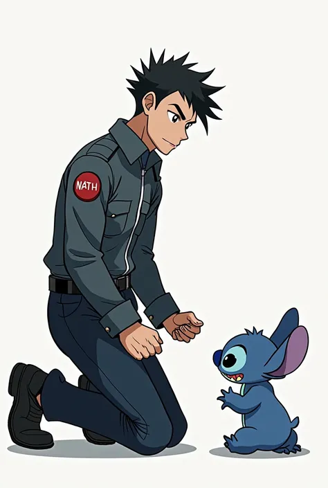 Levi Ackerman and Stitch 
Levi kneels before Stitch 