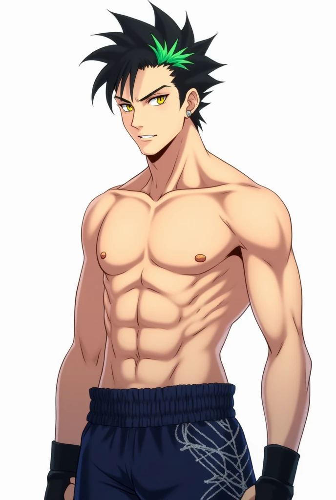 An anime-style character, Ryuto Kazuma, a calm yet fierce Muay Thai fighter and the loyal friend of the protagonist. He has short, spiky black hair styled backwards with a distinctive green streak in the front, giving him a sharp and unique look. His eyes ...