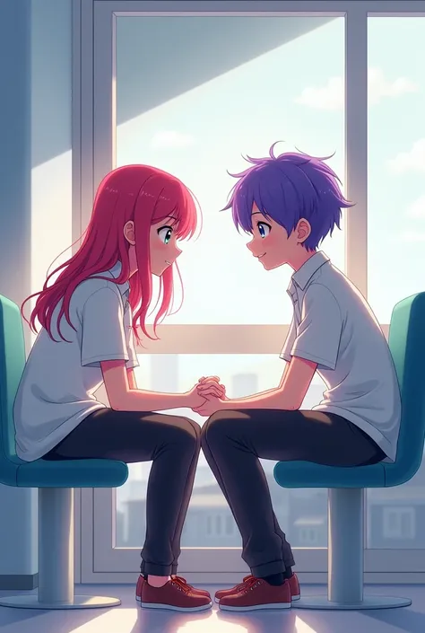 Girl in 14 ,  red hair like ruby ,  bright blue eyes ,  sitting talking to a 14-year-old boy, purple hair,  sitting next to the girl , the two of us wearing a white shirt ,  black pants ,  in a modern school infirmary ,  anime style 