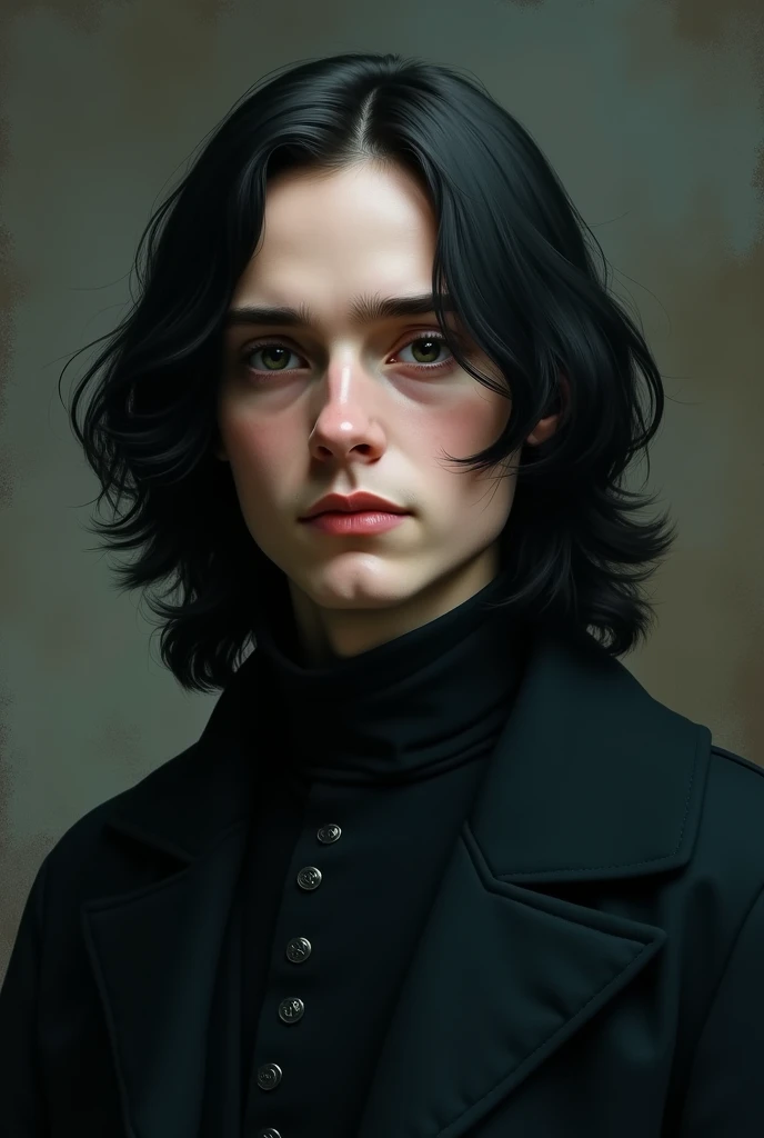 Severus Snape in his youth when he was a student. Shoulder-length hair. A loving look.  Dark eyes. Realism