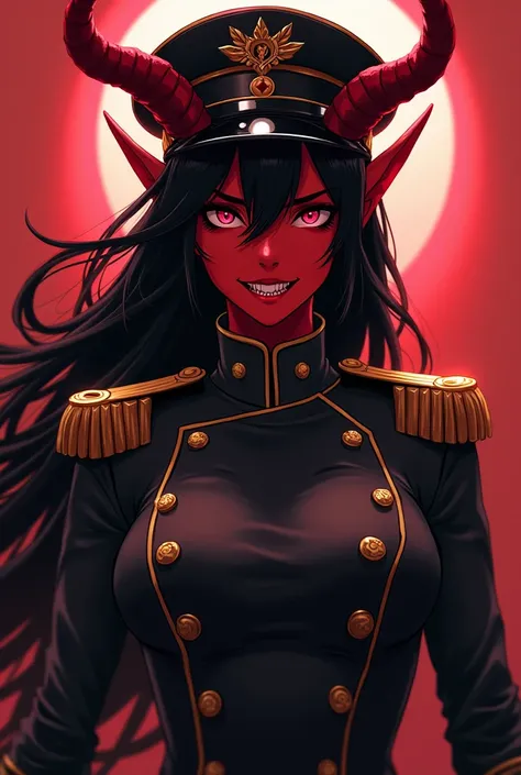 An anime-style demon girl with red skin, long, flowing black hair, and intense, black glowing eyes. She wears a dark military captains uniform with gold detailing, a high collar, and epaulettes, exuding authority. On her head is a war captains hat, and her...