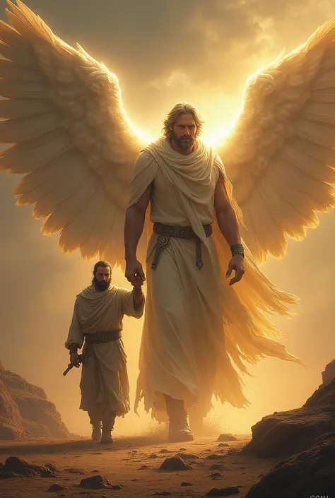 Tobias,  an adult man of great stature and strength ,  walks with determination through an arid and desolate landscape ,  accompanied by an imposing angel . the angel,  with enormous and brilliant wings ,  displays a serene and protective presence ,  with ...