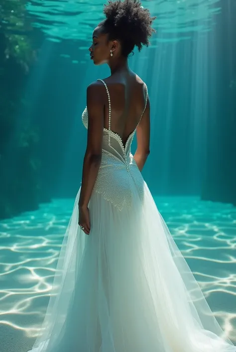 white mermaid effect dress for black women ,  long with only one strap and pearls at the ends 
