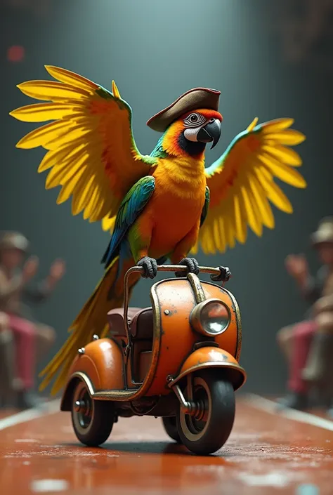 "A vibrant parrot perched on a miniature moving cart styled as a runway. The parrot is wearing a tiny pirate costume with a hat and a mini eye patch, confidently spreading its wings for applause