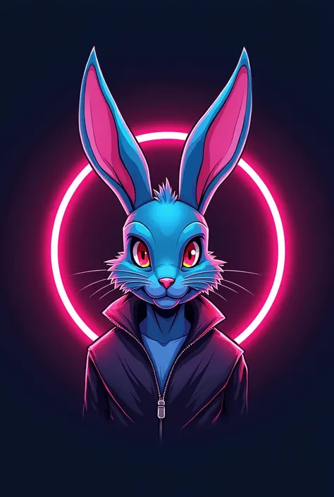  create a logo with the image of a humanoid rabbit looking straight ahead, no background only the circumference with artistic neon style  