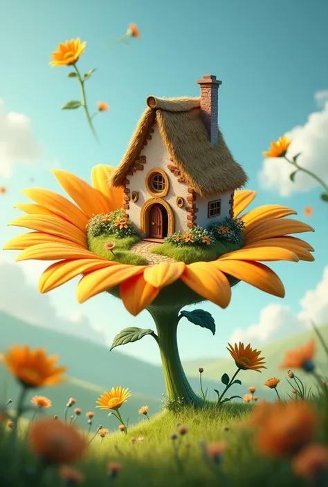 A house on top of a daisy petal