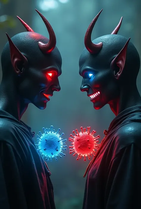 Deux humains démon comme dans démon slayer gardant leurs formes humaines ayant lun des yeux rouges et lautre des yeux bleus. Whoever has red eyes has horns and the other doesnt have horns, but he smiles and between them two viruses, one blue and the other ...