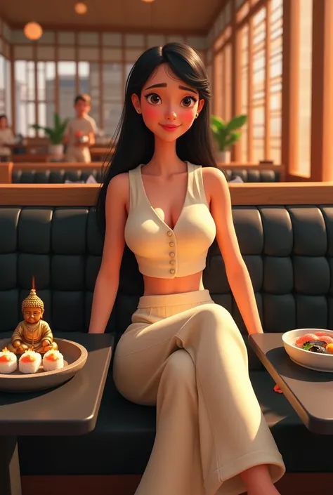 Woman 30 years, long straight black hair, wearing creme short sleeveless buttoned v vest and creme long loose trousers with white sneakers. At Sushi restaurant with wood slat paneling in walls, black rectangular tables, sitting on black leather upholstered...