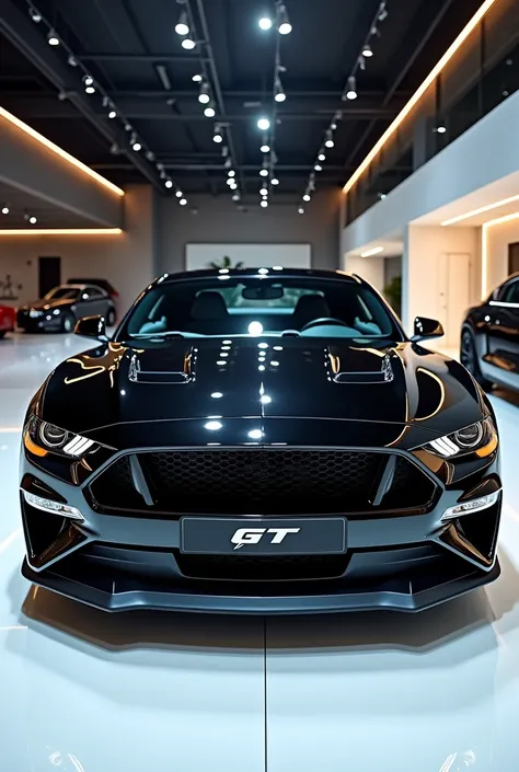 front view of painted black with shiny clour 2025 Mustang GT sleek in large shape sedan in large size with   Mustang GT  logo on its large detailed grille in shiny white clour with angular sporty design captured from close front view with modified sleek fr...