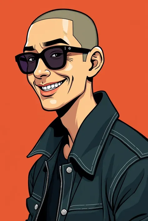 cartoon of a 30-year-old man Occupation : lead singer of an underground band Contador Appearance:  of a tall and thin build ;  shaved head intense dark eyes with a rebellious glow;  angular features with a perpetual smile Clothing :Classic  ; Background