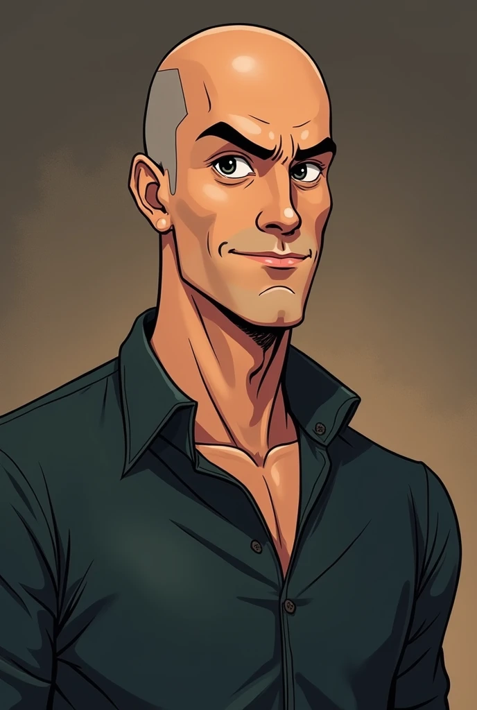 cartoon of a 30-year-old man Occupation :  counter Appearance :  of a tall and thin build ;  shaved head intense dark eyes with a rebellious glow;  angular features with a perpetual smile Clothing :Classic  ; Background