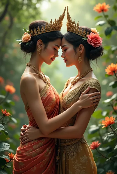 Beautiful princess dressed in Thai custom and a woman hugging so beautiful princess 