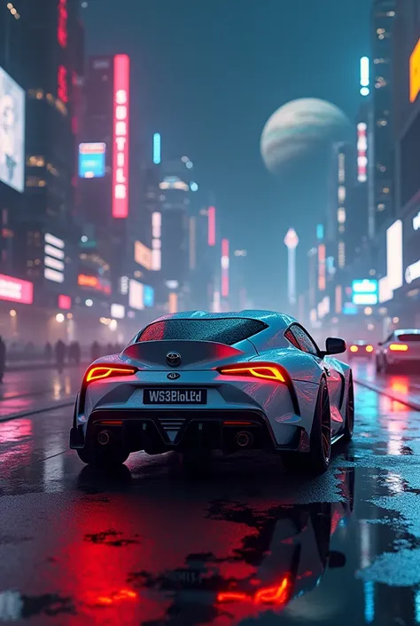 an ultra realistic photo of a futuristic Toyota Supra in a futuristic version with lots of LED lights in a version of the movie Star Wars in a futuristic city floating in space with planets and ships in the background