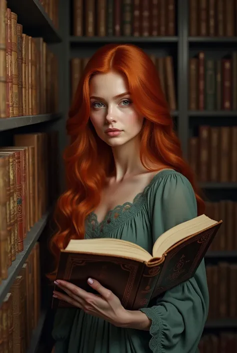 Redheaded woman in a library