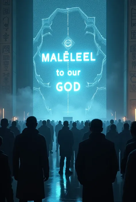 un écran géant portant linscription " MALELEEL, TO OUR GOD" dans un espace où des gens sont entrain de visualiser.