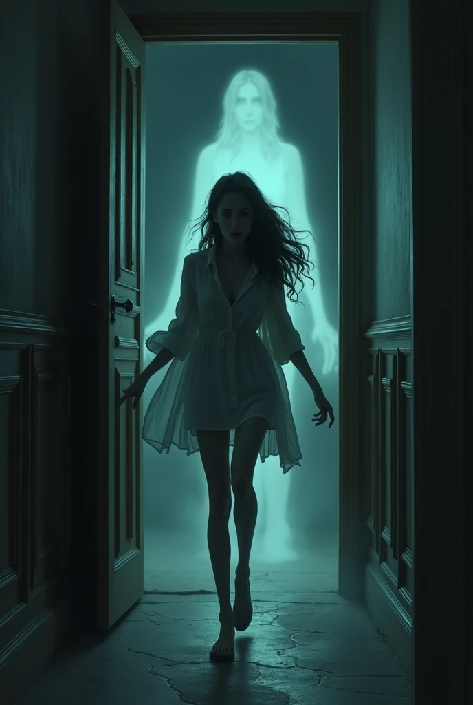  When she turns around , the figure disappears .
 Marina closes the door in panic and runs down the hall.


