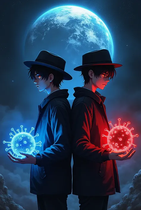 meilleure illustration), (meilleure ombre),(style manga), Éclairage réaliste, bel éclat détaillé, ((21 ans)), deux hommes , avec chapeau, yeux rouges et yeux bleus, accessoires, virus bleu et virus rouge en main,dos à dos , , la terre dans lobscurité,obscu...