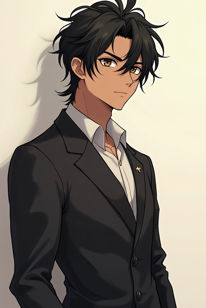 Tall and attractive brown-skinned anime boy ,black hair and brown eyes 