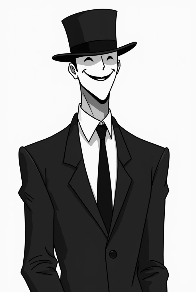 A man wearing a top hat and mask with a happy face and in a black and white filter , The mask without realism ,  the most burly man and the mask without the detail of the nose, That Im not fat,  that the mask is : ) , That he has a suit , que sea flaco y h...