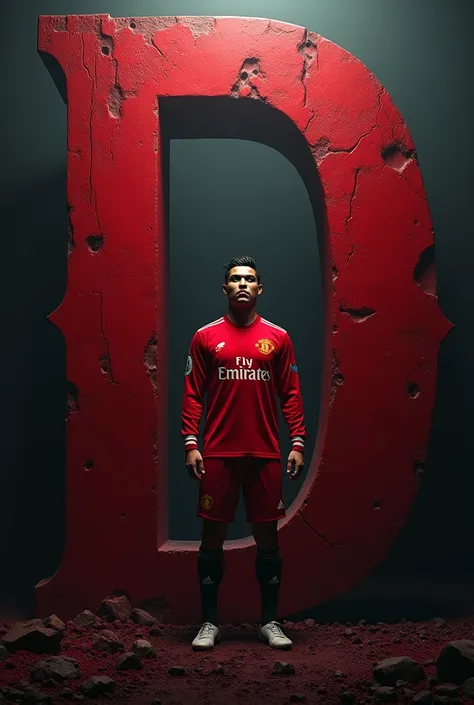 Letter say down big that says don Juan Gothic letter red color then large image cr7 with Manchester Unitend t-shirt 
