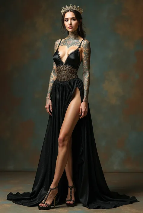 A beautiful slender Russian woman in a spectacular dress and her little crown and open heels, with tattoos, She is standing