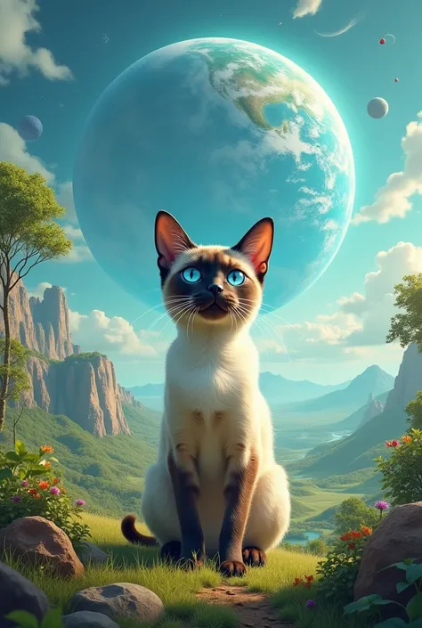 Create an image with the name MundoDino of a Siamese cat on planet Earth