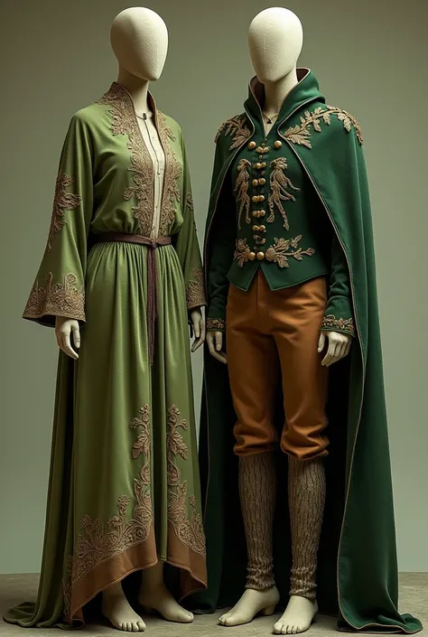 Two mannequins wearing the Gaia Gaia Gang uniforms  (patience, stability,  Connection with nature )

 female:

 Moss-green long skirt with brown details .

 Blouse with lace sleeves in a soft green tone .

 Moss-green velvet cover embroidered with gold lea...