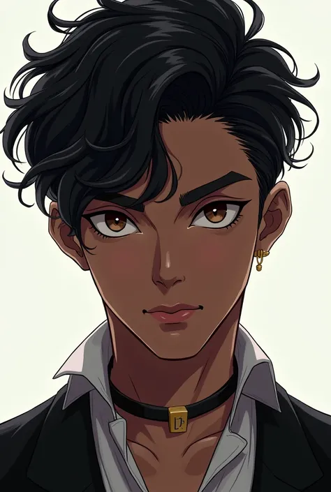 Handsome dark-skinned anime boy 
tall ,black hair and brown eyes 
