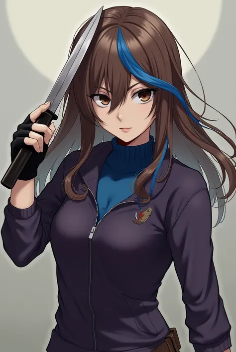 Pale girl with brown hair down her shoulders with a blue wick,  slightly torn blue eyes and sharp pupils ,  with a blue turtleneck and a dark purple zipped sweater , with black fingerless gloves,  in a fighting pose with knives . I would be 