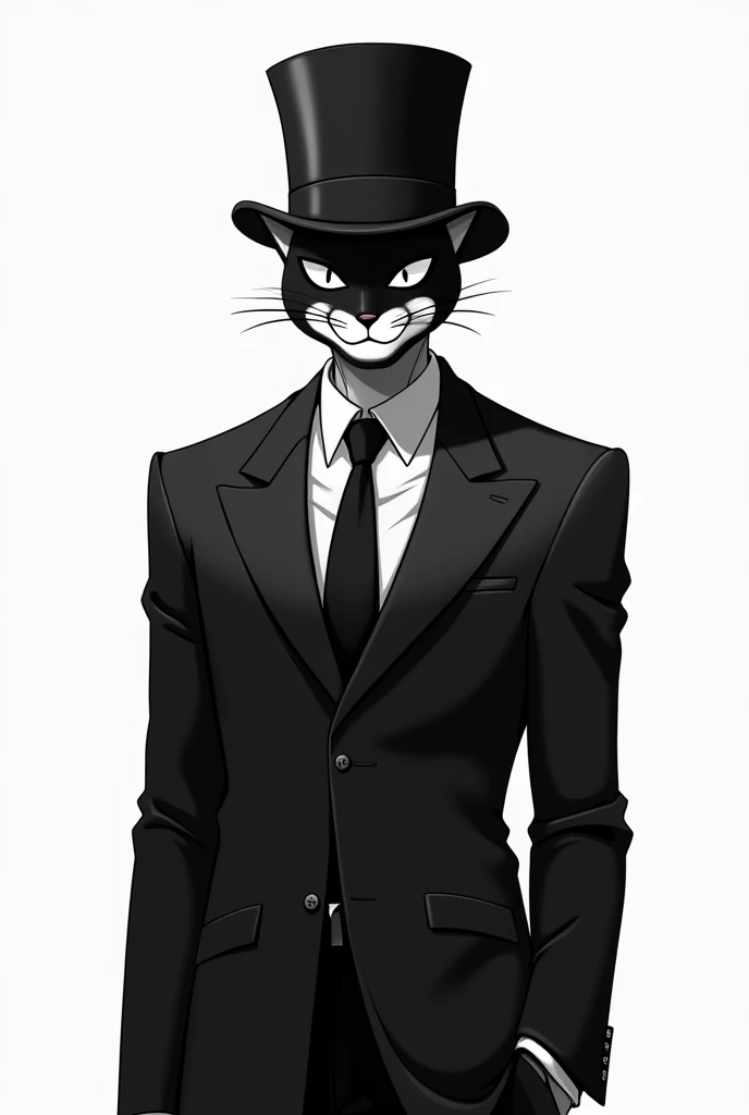 Un hombre  with top hat  y máscara de una cara felis y en un filtro blanco y negro , The mask without realism ,  the most burly man and the mask without the detail of the nose, That Im not fat,  that the mask is : ) , That he has a suit , que sea flaco y h...