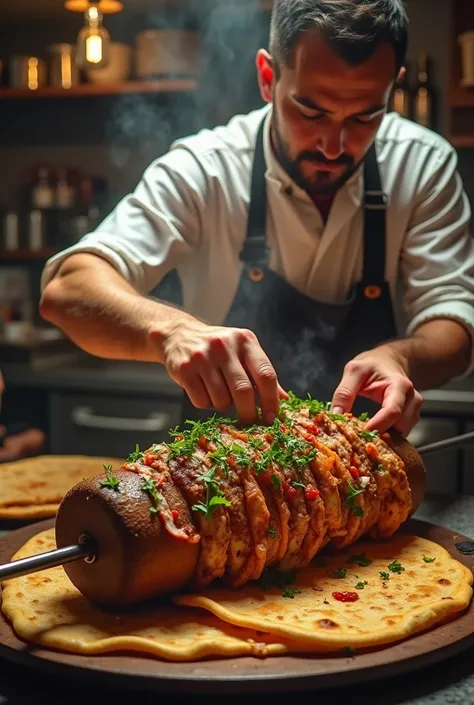 A man making shawarma and adding frog meat