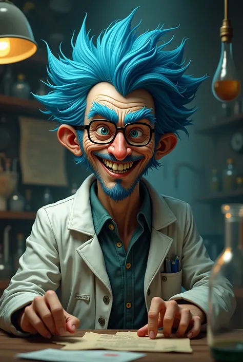 An ugly male scientist with blue hair and eyebrows