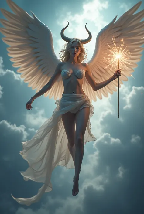 A beautiful demonic male angel with long horns descends from the sky holding a brilliant light rod,  wearing only a very short mini skirt, delicate and delicate silk  